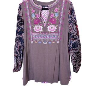 John Mark Women’s Multicolor Mixed Media Boho Velvet Embroidered Tunic Sz M
